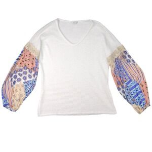 TRESICS White Waffle Knit Crochet Lace Patchwork Sleeve Sweater Women